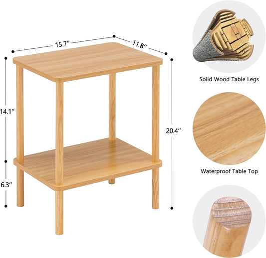 2 Tier End Table, Small Side Table with Solid Wood Legs, Boho Bedside Table with Storage Shelf, Nightstand for Small Spaces, Bedroom, Living Room, Entryway, Farmhouse, Easy Assembly, Natural