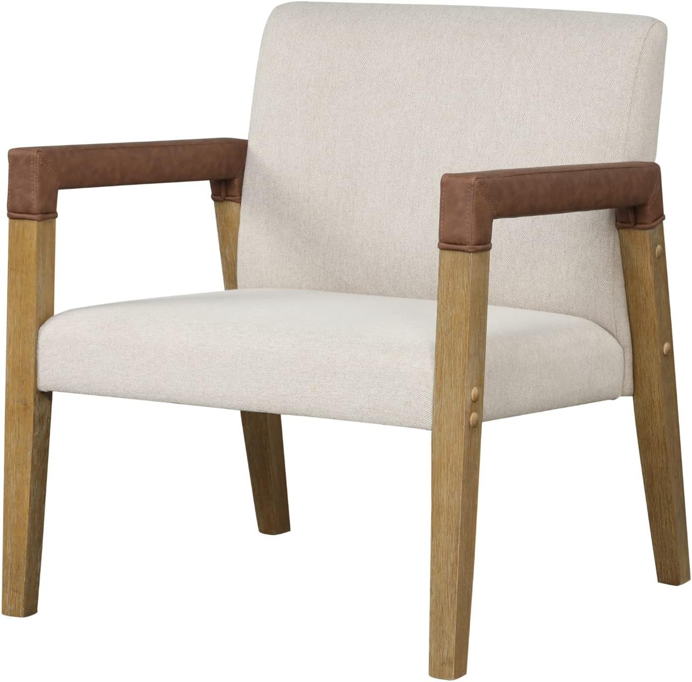 Hudson Accent Living Room Chair, Comfy Reading Bedroom Chair, Mid-Century Wood Armchair, Upholstered Fabric and Leather Armrest