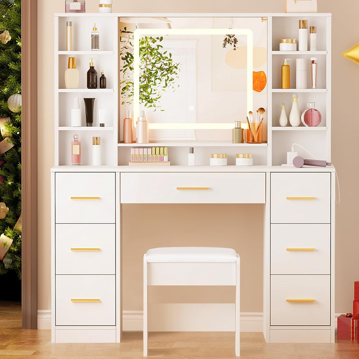 Vanity Desk Table with Lighted Mirror 39.4“ Girls Makeup Vanity with Power Outlet 3 Colors Lighting Adjustable Brightness Vanity Table for Women Bedroom Dressing Room White UBDT65W