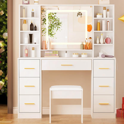 Vanity Desk Table with Lighted Mirror 39.4“ Girls Makeup Vanity with Power Outlet 3 Colors Lighting Adjustable Brightness Vanity Table for Women Bedroom Dressing Room White UBDT65W