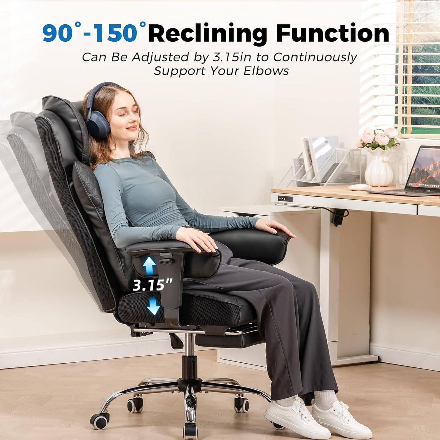 Big and Tall Office Chair 400LBS Wide Ergonomic Gaming Chair with Deluxe Embossing Designed Leather with Foot Rest,150°Reclining Adjustable Soft Armrests Pocket Spring Back Support and Pillow