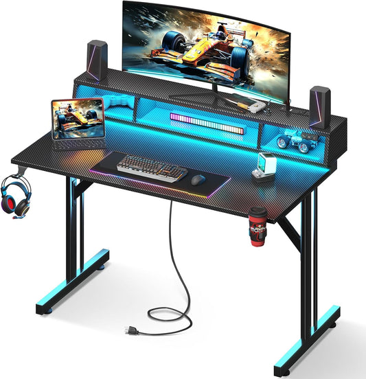 40 Inch Gaming Desk with LED Lights & Power Outlets, Small Computer Gaming Table with Float Monitor Stand, Kids Boys Desk with Carbon Fiber Texture
