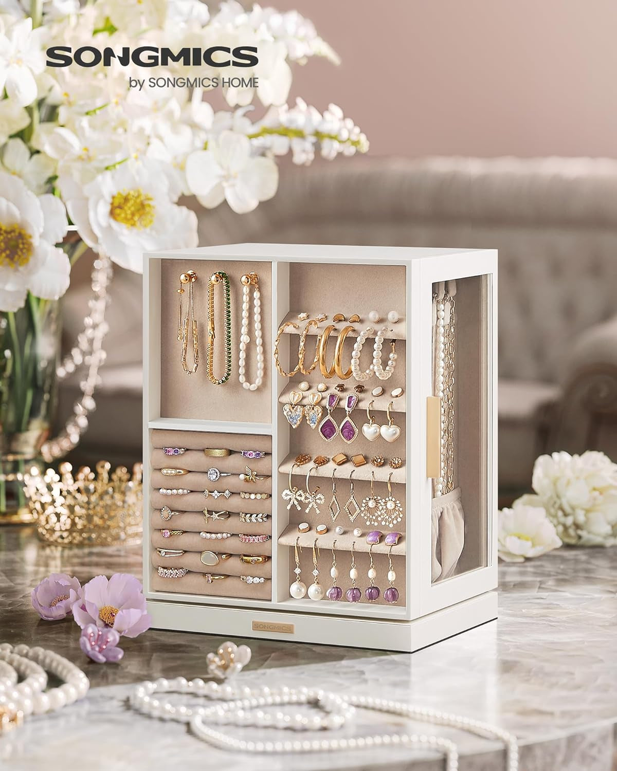 Jewelry Box 360° Rotating, Jewelry Storage Case with 5 Drawers, Jewelry Organizer, Glass Window, Spacious, Vertical Jewelry Storage, Open Design, Great Gift, Cloud White UJBC170W01