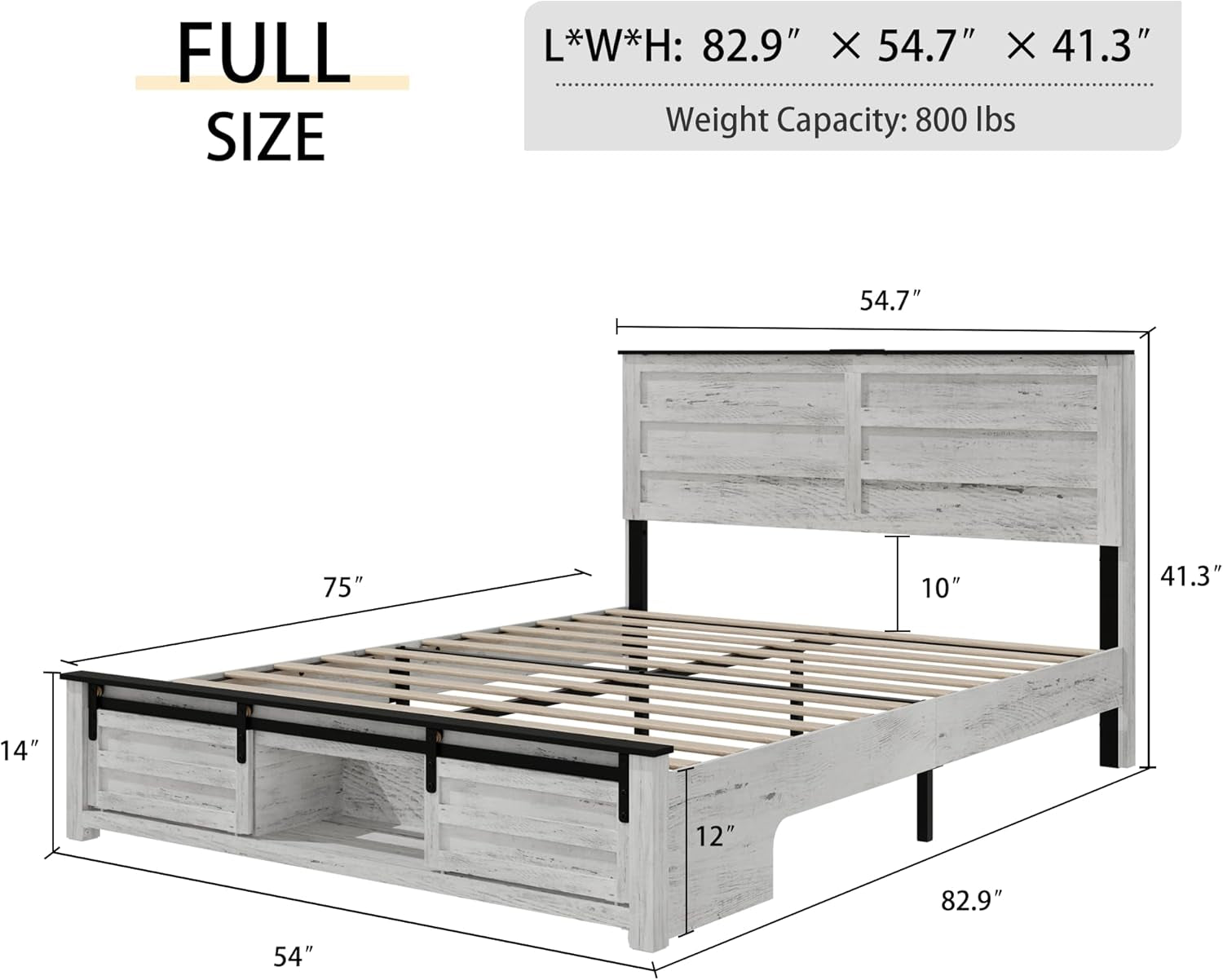 Wooden Full Size Bed Frame with Headboard – Boho White Rustic Farmhouse Storage Platform Bed with Charging Station & Sliding Barn Door Footboard, No Box Spring Needed, Noise-Free, Solid Wood Slats