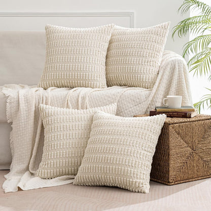 Pack of 4 Cream White Corduroy Christmas Decorative Throw Pillow Covers 18X18 Inch Soft Boho Striped Pillow Covers Modern Farmhouse Home Decor for Sofa Living Room Couch Bed