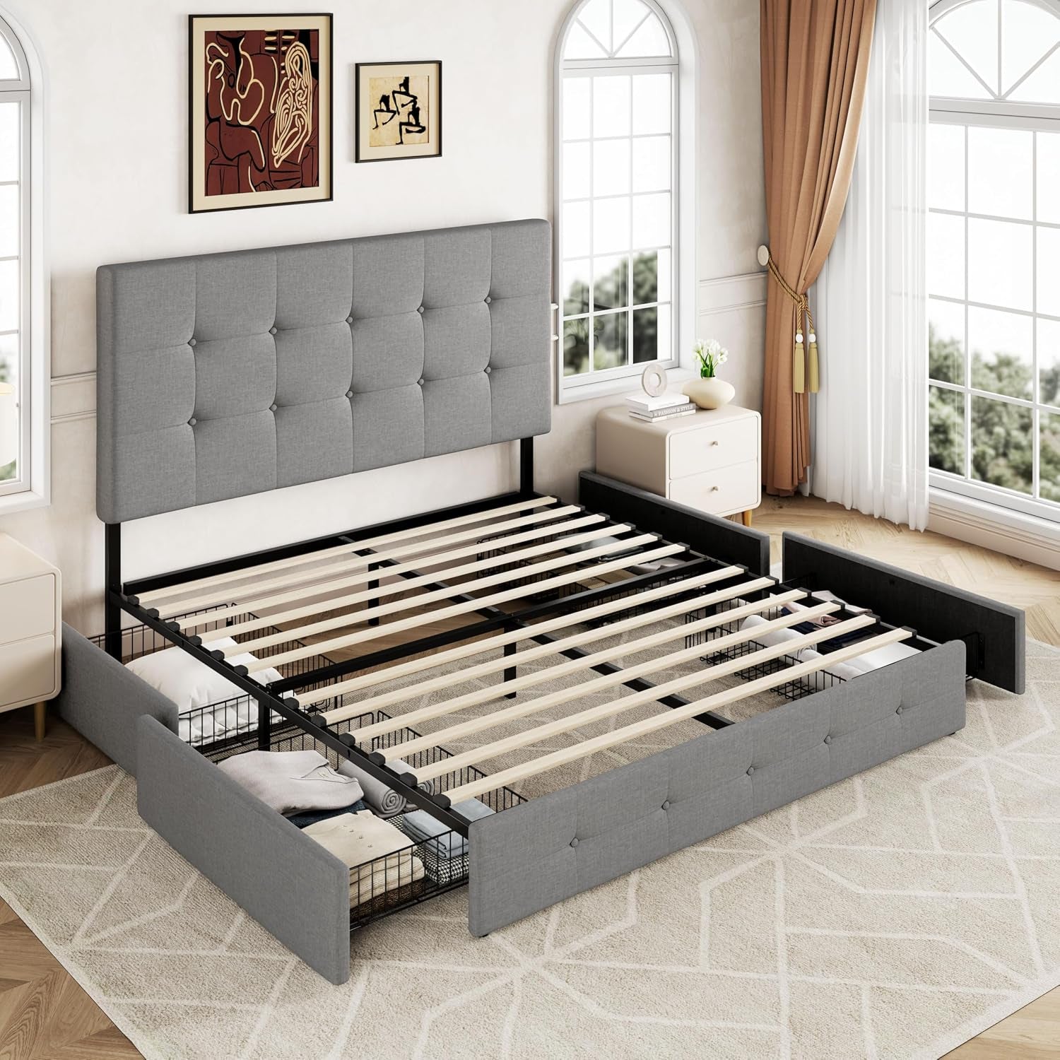 Upholstered Queen Size Platform Bed Frame with 4 Storage Drawers and Headboard, Square Stitched Button Tufted, Mattress Foundation with Wooden Slats Support, No Box Spring Needed, Light Grey