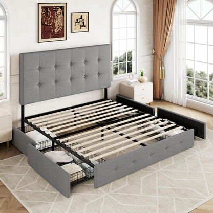 Upholstered Queen Size Platform Bed Frame with 4 Storage Drawers and Headboard, Square Stitched Button Tufted, Mattress Foundation with Wooden Slats Support, No Box Spring Needed, Light Grey