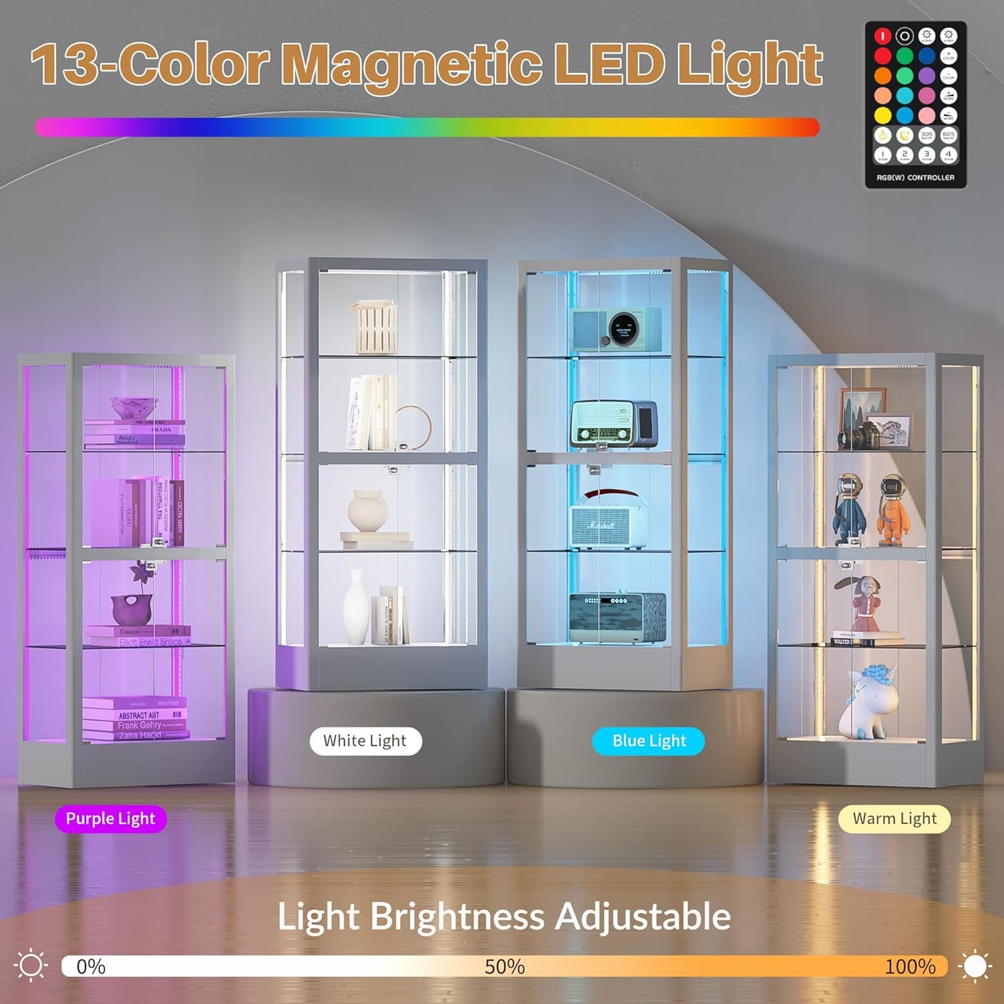 4-Sided Glass Display Cabinet with Lock & 13 Color Light, Lighted Curio Cabinet with Glass Door & Adjustable Shelves, Metal Display Case for Collectibles Figures Wine China, 28" W White