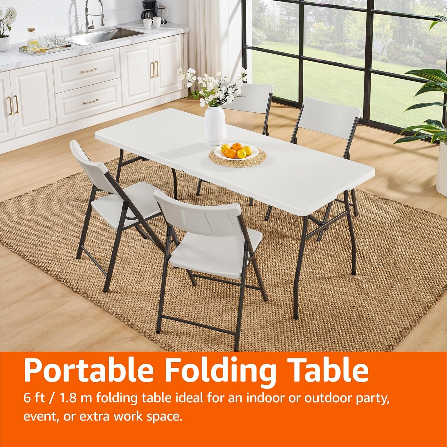 Heavy Duty Portable Folding Table 6 Ft with Carrying Handle, Indoor & Outdoor, White