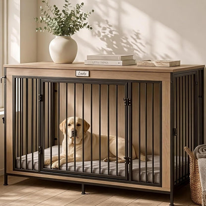 48" XL Dog Crate Furniture for Large Dogs, Farmhouse Light Oak Wood Dog Kennel, Heavy Duty Anti-Chew Steel Frame, Escape Proof Pet Crate, 3 Door Indoor Dog House, TV Stand Entertainment Center 350LB