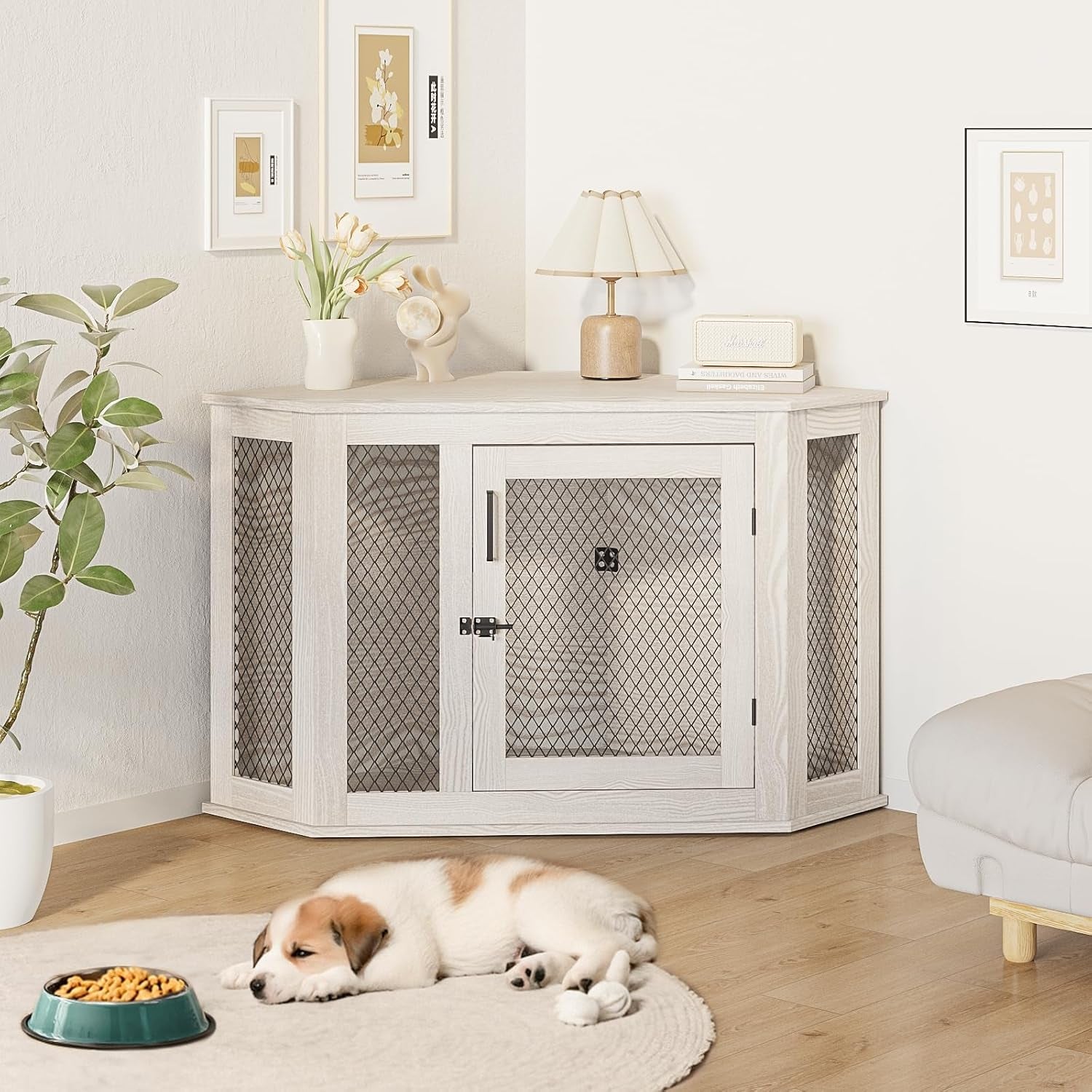 Corner Dog Crate Furniture,52 Inch Decorative Pet Crate with Metal Mesh,Wooden Dog Kennel Indoor Use for Small Medium Dogs,Dog House TV Stand,Perfect for Limited Room,White