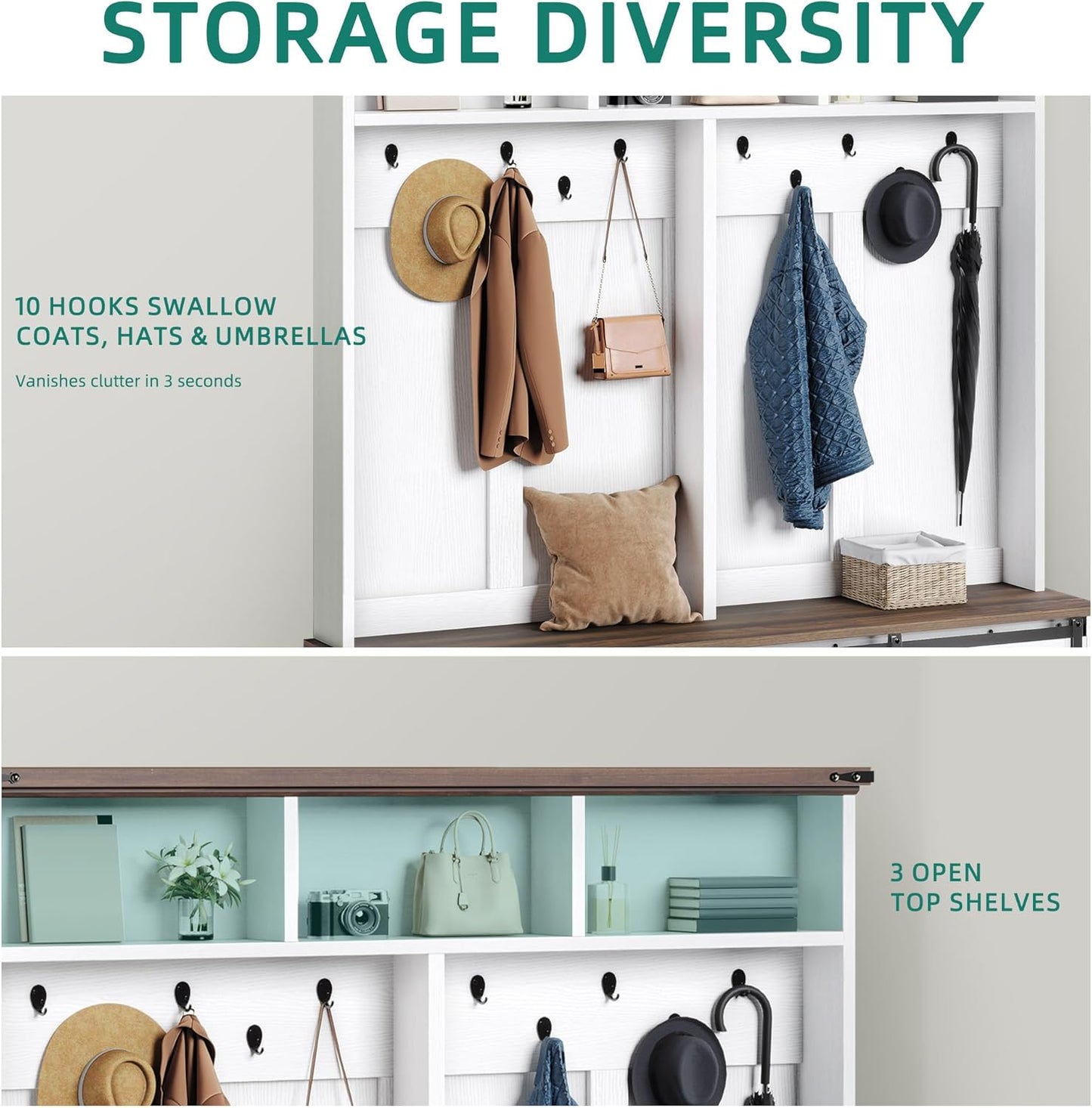Hall Tree with Bench and Shoe Storage, Hallway Tree with Adjustable RGB LED Light, Sliding Barn Doors and 10 Hooks, Coat Rack for Front Door Entrance Entryway Mudroom Bedroom, White & Walnut