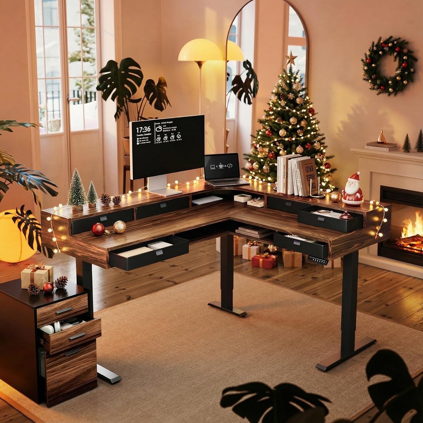 65.5" × 57.6" Electric L Shaped Standing Desk with 6 Storage Drawers, 2-Tier Corner Sit Stand Desk with Power Strip Tray & Cable Grommets, Height Adjustable Computer Gaming Table, Walnut