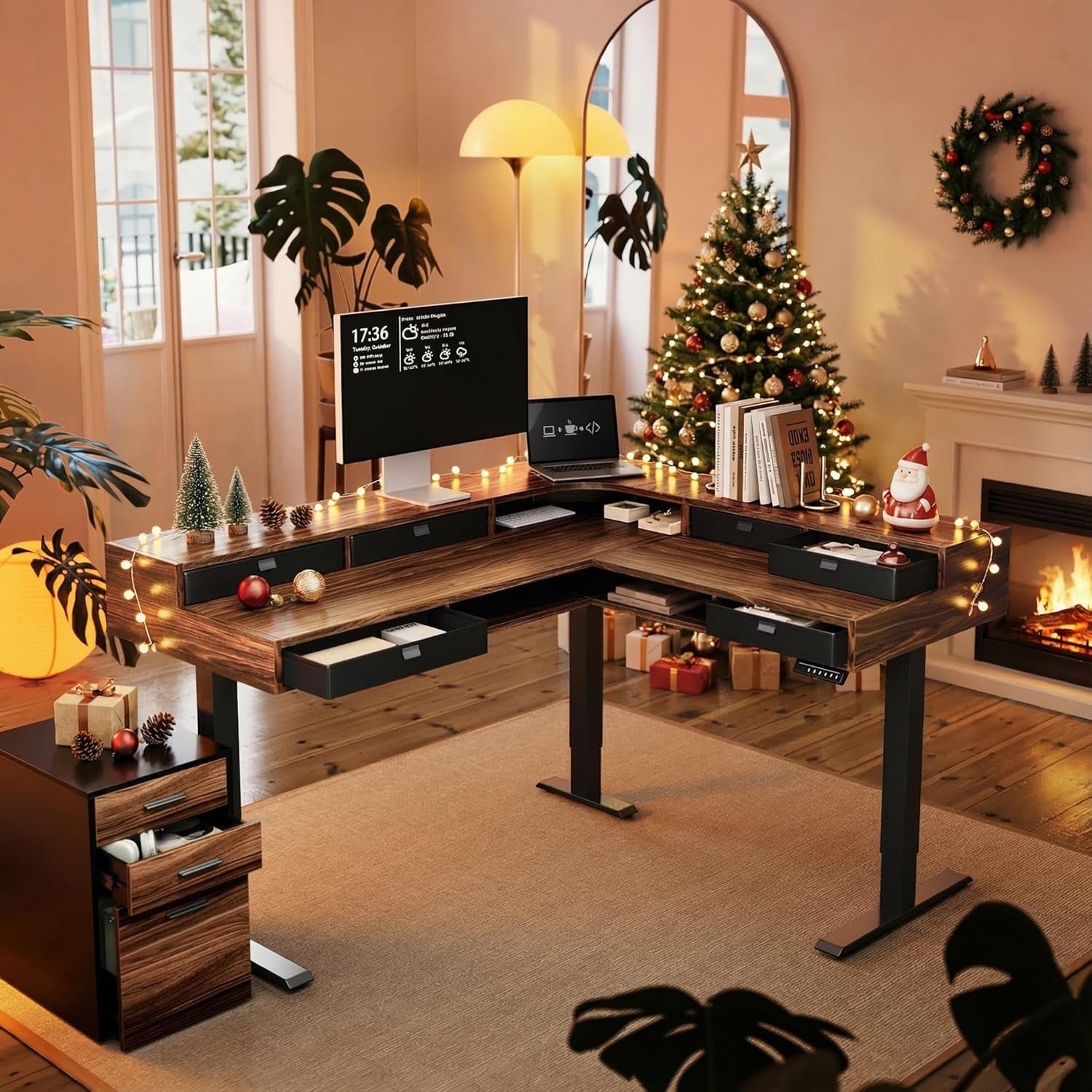 65.5" × 57.6" Electric L Shaped Standing Desk with 6 Storage Drawers, 2-Tier Corner Sit Stand Desk with Power Strip Tray & Cable Grommets, Height Adjustable Computer Gaming Table, Walnut