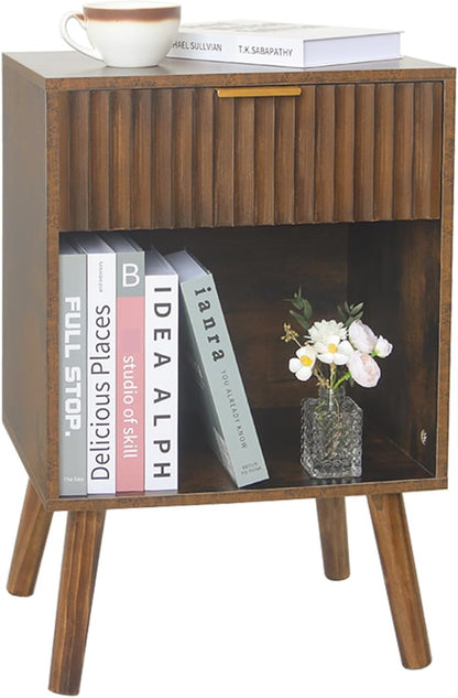 Mid Century Modern Nightstand, Wood Bedside Table with Drawer and Opening Storage, End Table Living Room Fluted Night Stand with Solid Wood Legs for Bedroom (Rustic Brown) | Drawer, Opening Storage, End Table, Living Room, Fluted, Night Stand