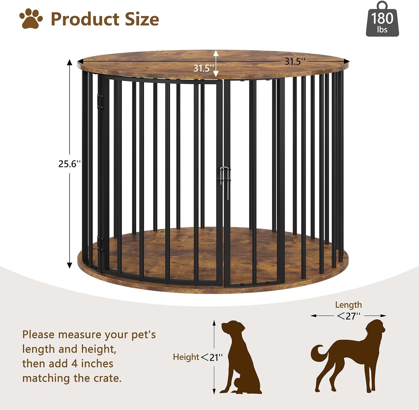 32 Inch Dog Crate Furniture for Large Medium Dogs, Wooden Dog Kennel Indoor Decorative Pet House Side End Table, round Dog Cage, Rustic Brown
