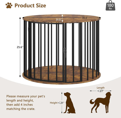 32 Inch Dog Crate Furniture for Large Medium Dogs, Wooden Dog Kennel Indoor Decorative Pet House Side End Table, round Dog Cage, White and Gold