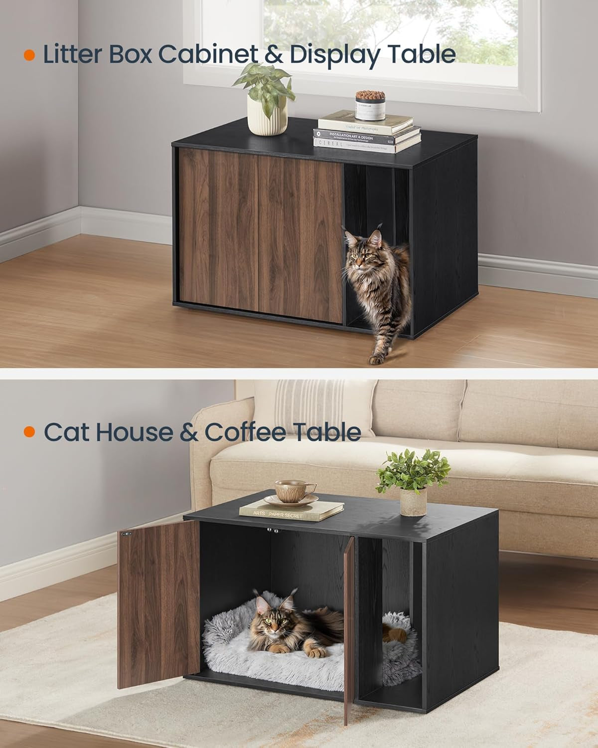 Cat Litter Box Enclosure, Superfast Toolless Assembly, Litter Box Furniture for Large Cats, Display Side Table, Push-To-Open Doors, Ebony Black and Somber Walnut UPCL013BE01S