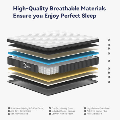 Queen Mattress 12 Inch, Hybrid Mattress in a Box, Individually Pocket Springs, Medium Firm Feel for Pressure Relief, Breathable Comfort, Certipur-Us Certified, Gray&White