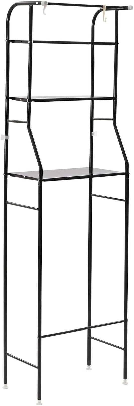 3-Tier Toilet Rack, Bathroom Storage Shelf with Adjustable Pads& Hooks Floor Standing Iron Toilet Stand Corner Space Saver for Balcony Bathroom Kitchen Black