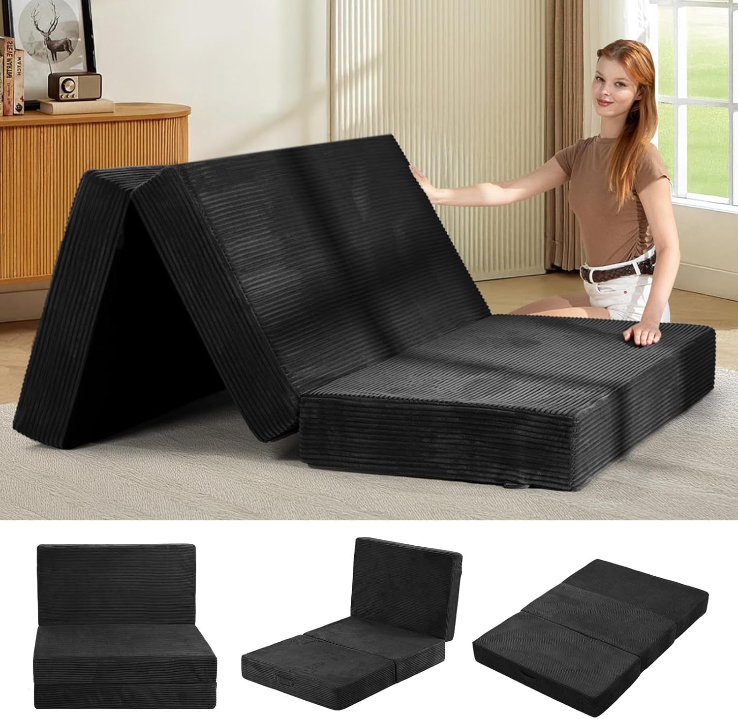 6-Inch Tri-Fold Mattress Full Size - Foldable Futon Sofa Bed with Removable Washable Cover, Folding Memory Foam Futon Mattress | Non-Slip Bottom & Carry Handles for Guest, Camping, Dorm