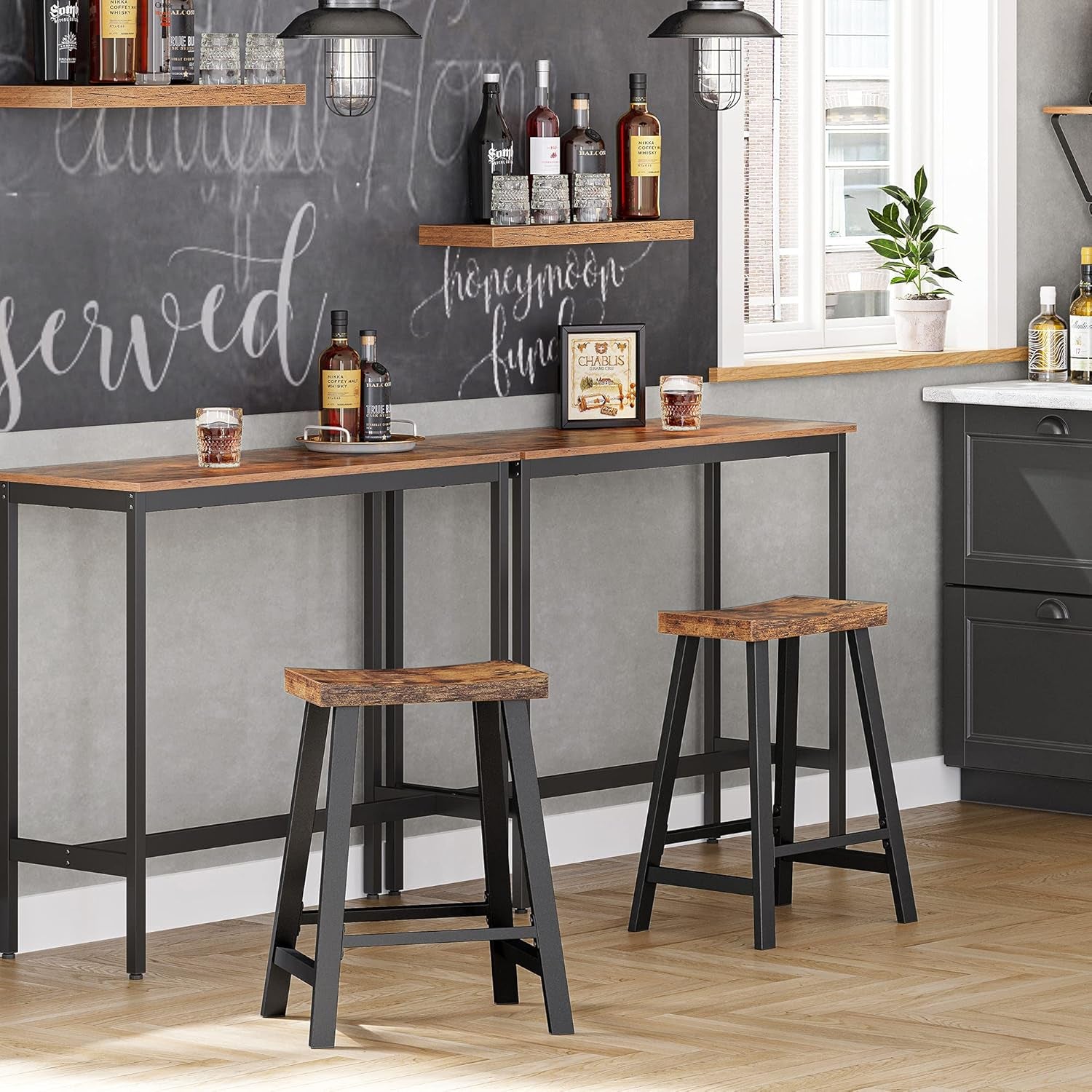 Bar Stools, Set of 2 Bar Chairs, Kitchen Breakfast Bar Stools with Footrest, 23.6 Inches High, Industrial in Living Room, Party Room, Rustic Brown and Black ULBC074B01