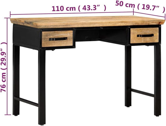 Writing Table Natural and Black Solid Mango Wood, Engineered Wood, 43.3 X 19.7 Inch Computer Desk with 2 Drawers, Home Office Desk