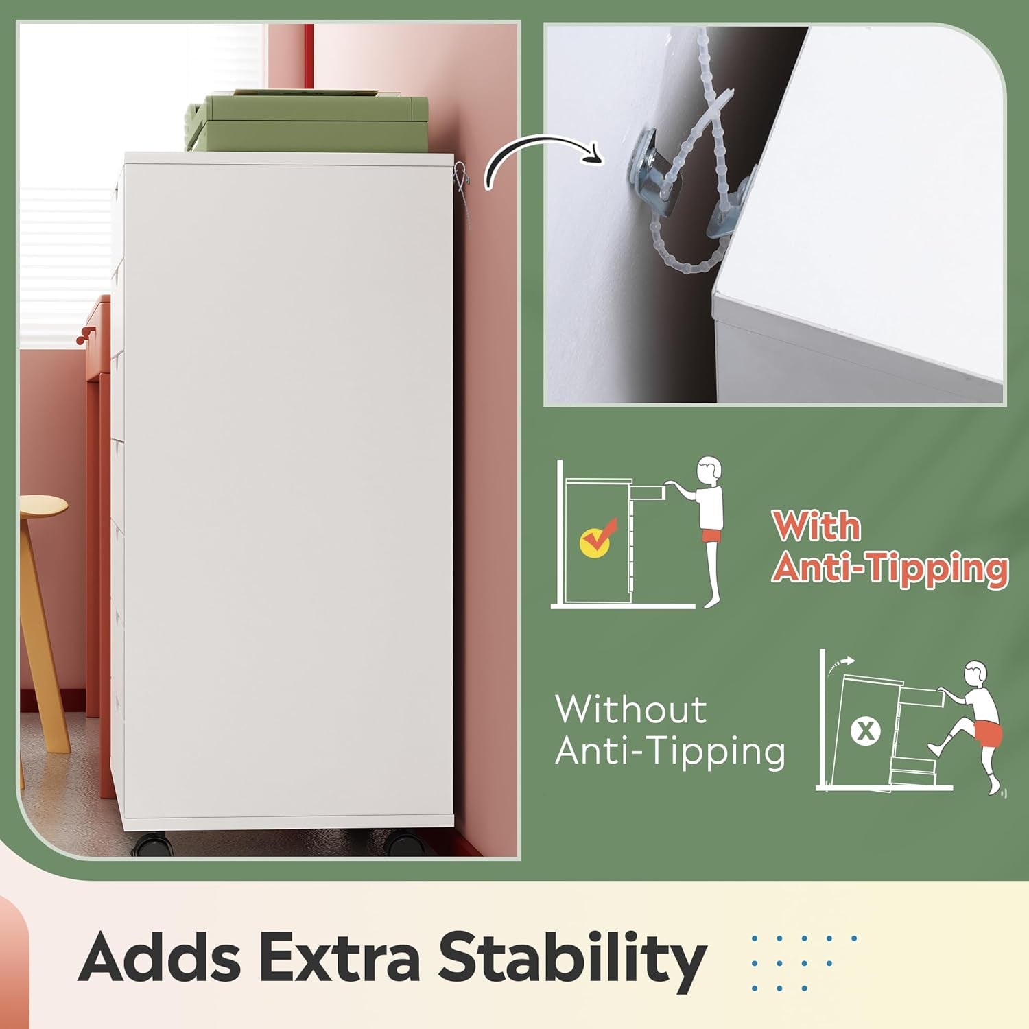 7-Drawer Chest, Wood Storage Dresser File Cabinet with Wheels, White