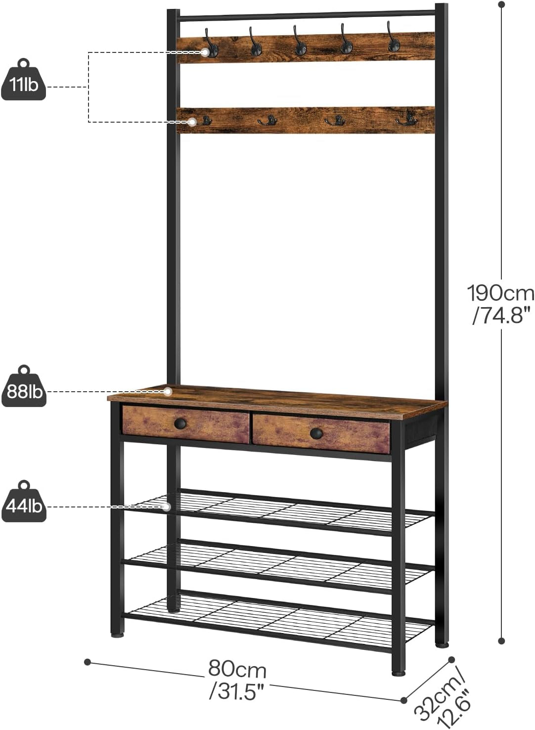 Hall Tree, Entryway Coat and Shoe Rack, 2 Fabric Drawers, Hall Tree with Bench, Shoe and Coat Rack, Coat Rack with Shoe Storage, 4 Tier Shoe Organizer, 9 Hooks, Rustic Brown and Black BF81MT01