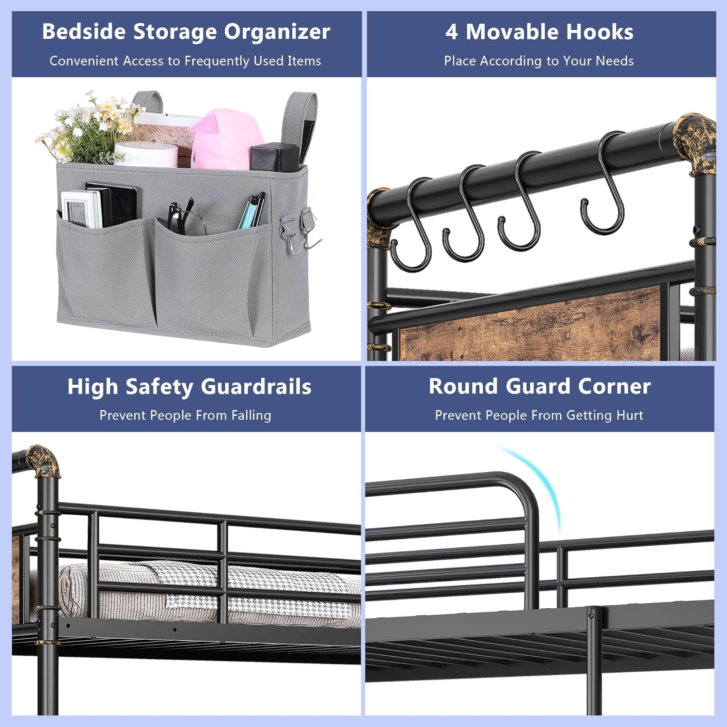 Metal Bunk Bed Twin over Twin, Industrial Bunkbeds Heavy Duty Bed with Safety Guard Rails and Space-Saving Design, Steel Bed for School, Bedroom (Vintage Brown)