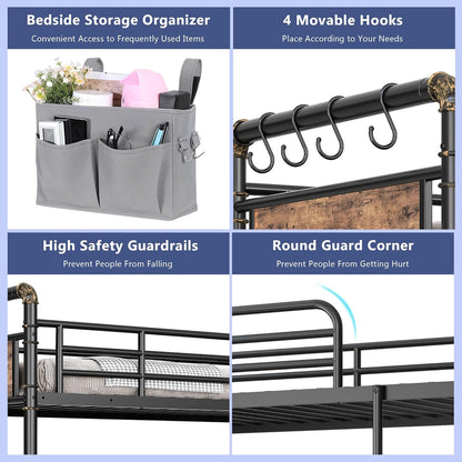 Metal Bunk Bed Twin over Twin, Industrial Bunkbeds Heavy Duty Bed with Safety Guard Rails and Space-Saving Design, Steel Bed for School, Bedroom (Vintage Brown)
