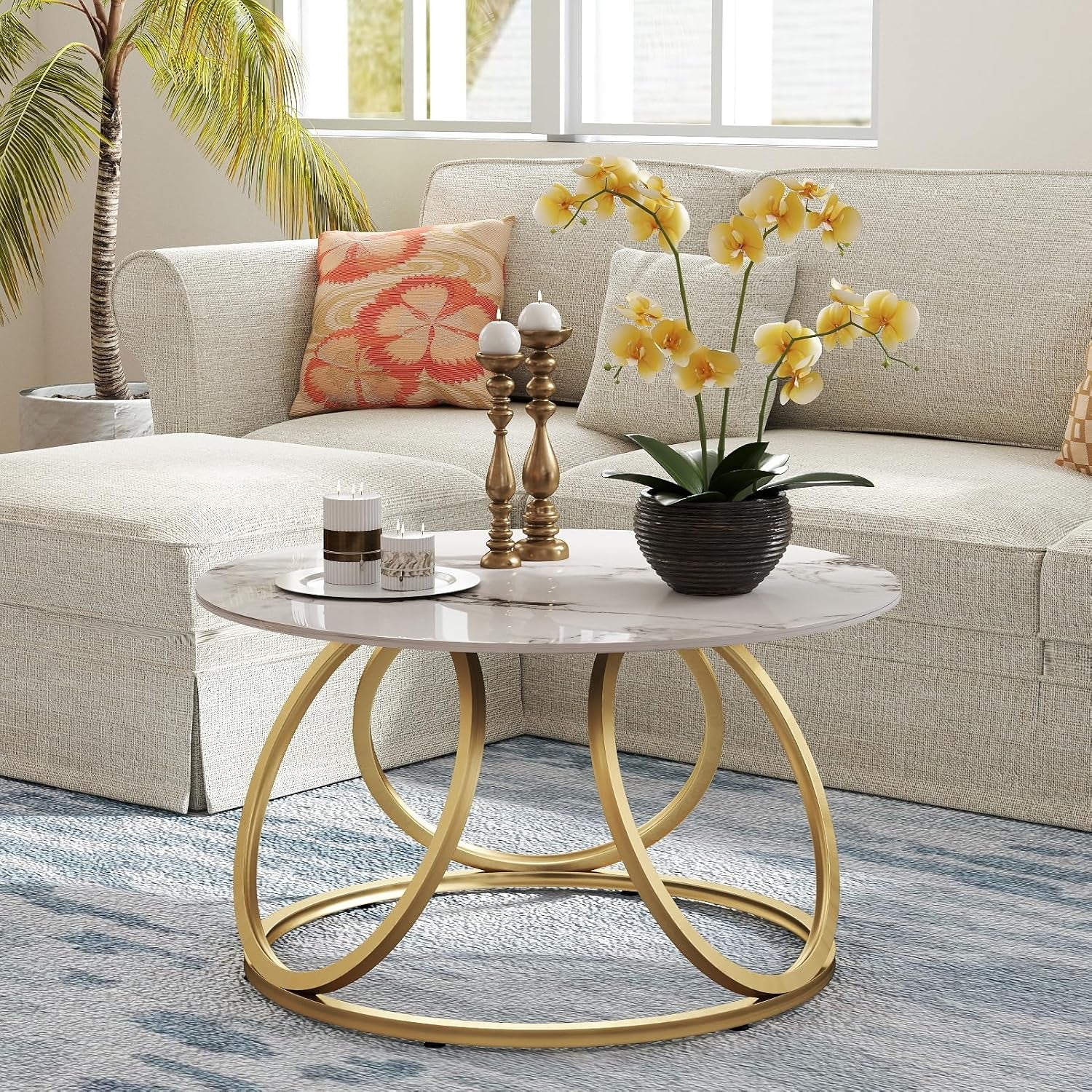 round Coffee Table for Living Room, Modern Coffee Table with Marbling Natural Stone, Gold & White