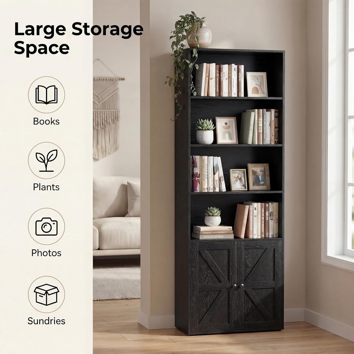 Farmhouse Bookshelf and Bookcase with Doors, Industrial Bookshelves and Bookcases Floor Standing Display 6-Tier Shelf Storage Shelves 71.5 Inchs for Home Office, Living Room, Black, 1 PCS