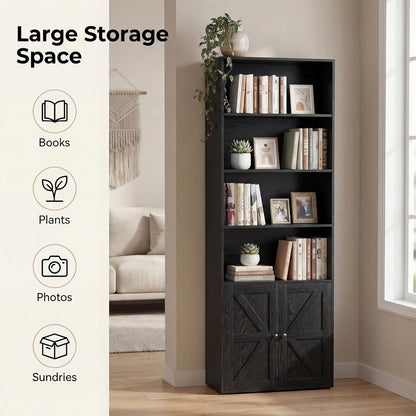 Farmhouse Bookshelf and Bookcase with Doors, Industrial Bookshelves and Bookcases Floor Standing Display 6-Tier Shelf Storage Shelves 71.5 Inchs for Home Office, Living Room, Black, 1 PCS