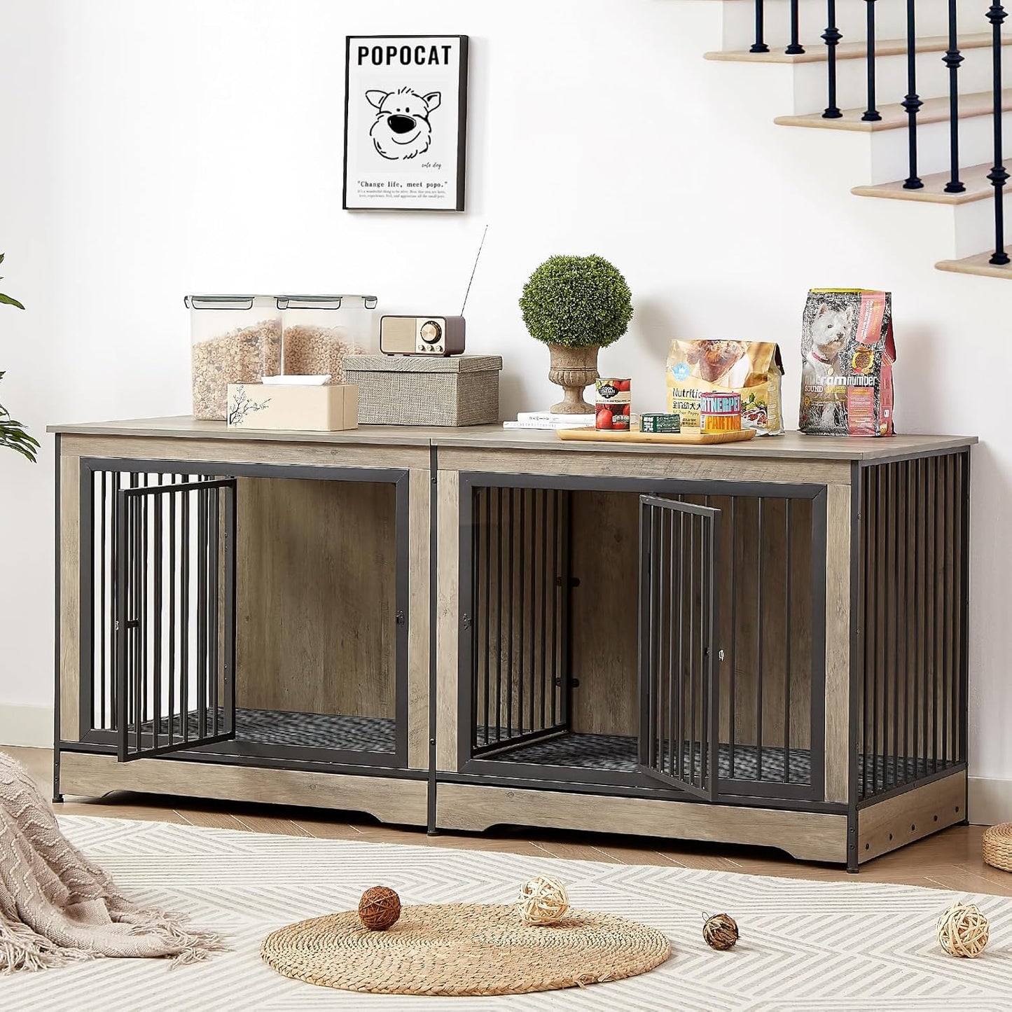 75'' Double Dog Crate Furniture for 2 Large Dogs, Heavy Duty Furniture Style Dog Crates End Table, Wood Crates for Dogs Kennel Indoor with Double Door, Grey