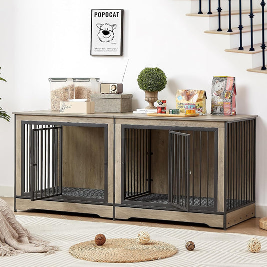 75'' Double Dog Crate Furniture for 2 Large Dogs, Heavy Duty Furniture Style Dog Crates End Table, Wood Crates for Dogs Kennel Indoor with Double Door, Grey