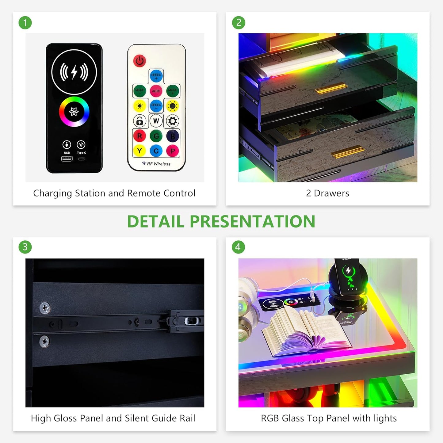 RGB Nightstand with Wireless Charging Station, LED Night Stand with Motion Sensor Lights, Smart Bedside Table with Changing Strip Lights with Remote,High Gloss Side Table/Glass Top (Black)