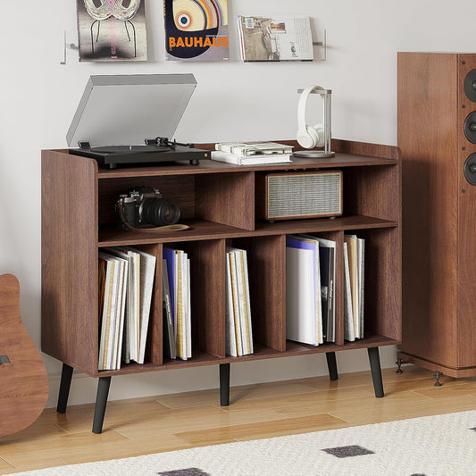 Record Player Stand, Turntable Stand with Vinyl Storage, Record Player Cabinet up to 350 Albums, Cube Storage Organizer for Living Room, Walnut