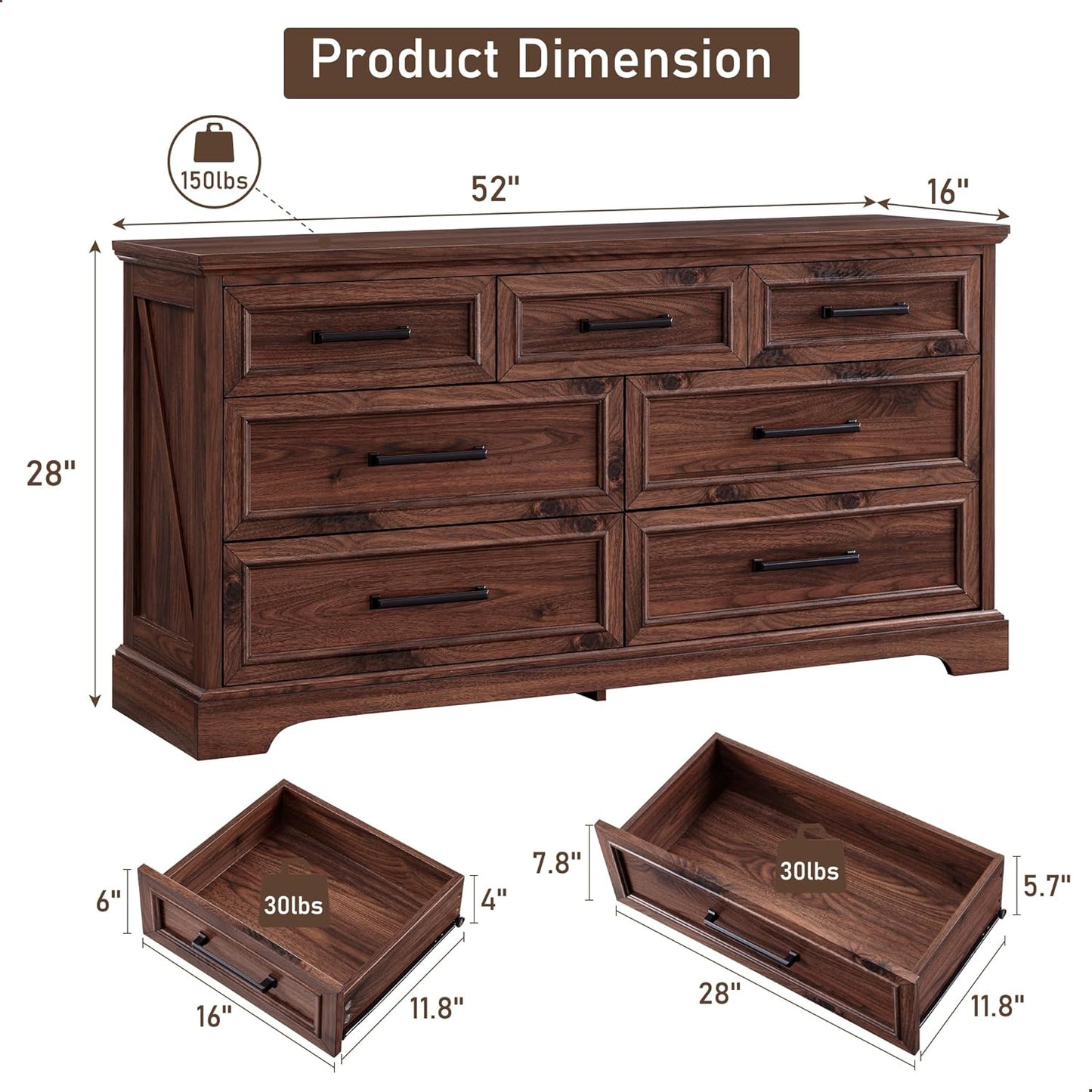 7 Drawer Dresser, Farmhouse Chest of Drawers for Bedroom, 52" Wide Dresser TV Stand with Large Metal Handles, Wood Drawer Organizer for Living Room, Hallway - Brown