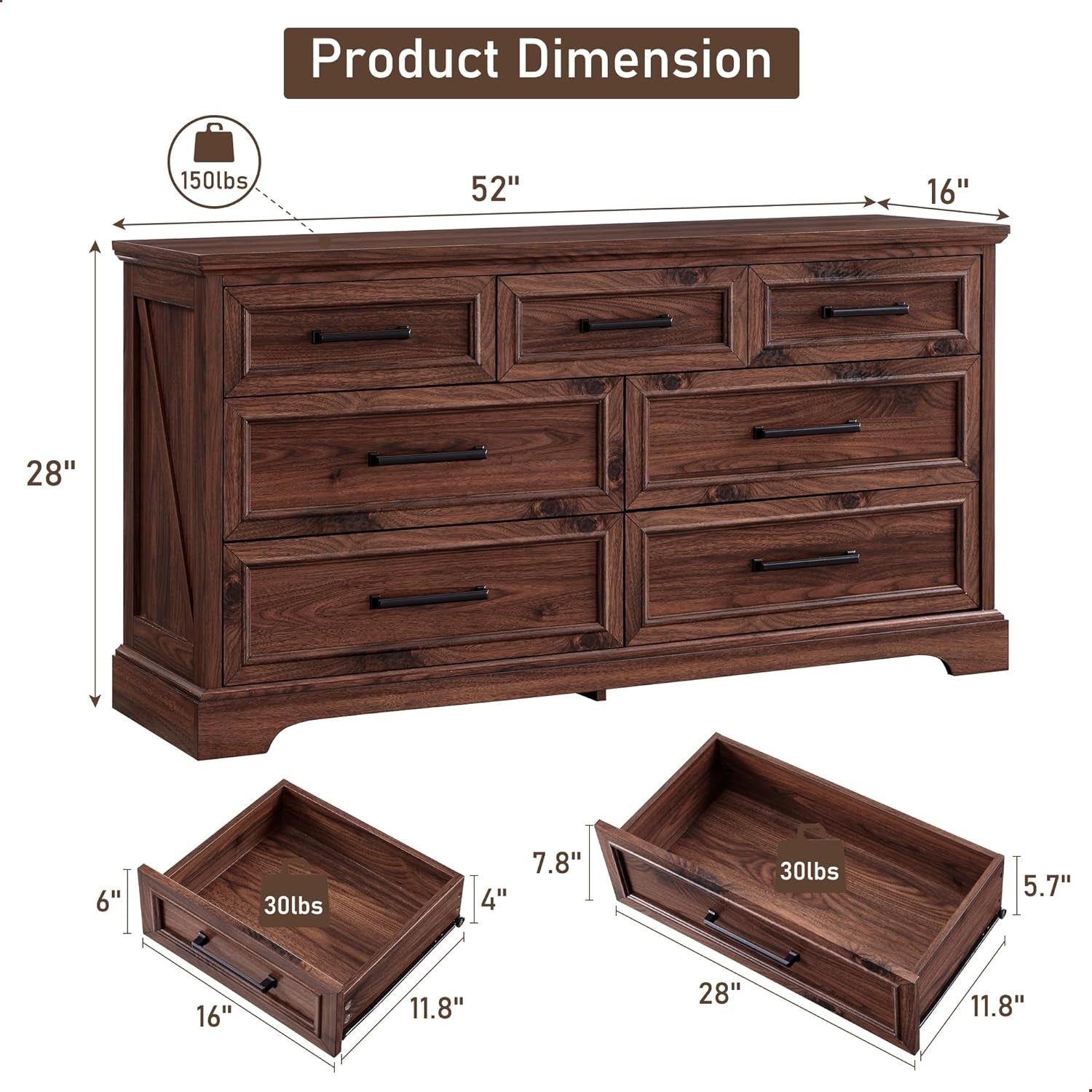 7 Drawer Dresser, Farmhouse Chest of Drawers for Bedroom, 52" Wide Dresser TV Stand with Large Metal Handles, Wood Drawer Organizer for Living Room, Hallway - Brown