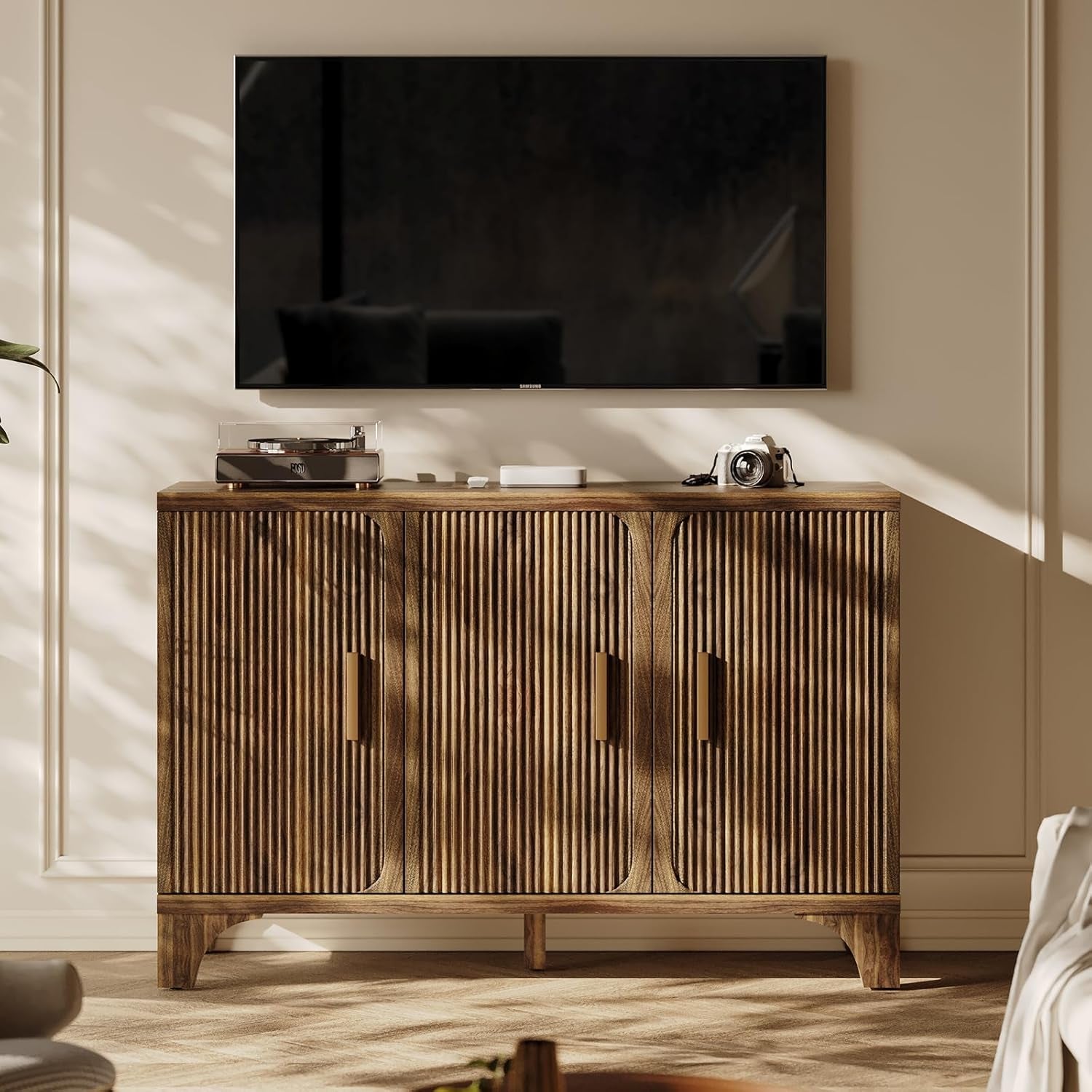 Mid Century Modern Buffet Cabinet with Storage, Accent Sideboard and Credenza with Fluted Doors, Wood Coffee Bar Console for Kitchen, Living Room (Walnut Brown, 47" 3-Door)