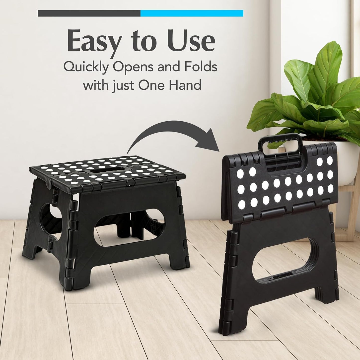 Folding Step Stool - Sturdy Enough Collapsible Stool to Support Adults and Safe Enough for Kids - Opens Easy with One Flip - Great for Kitchen, Bathroom or Bedroom (Black - 9 Inch)