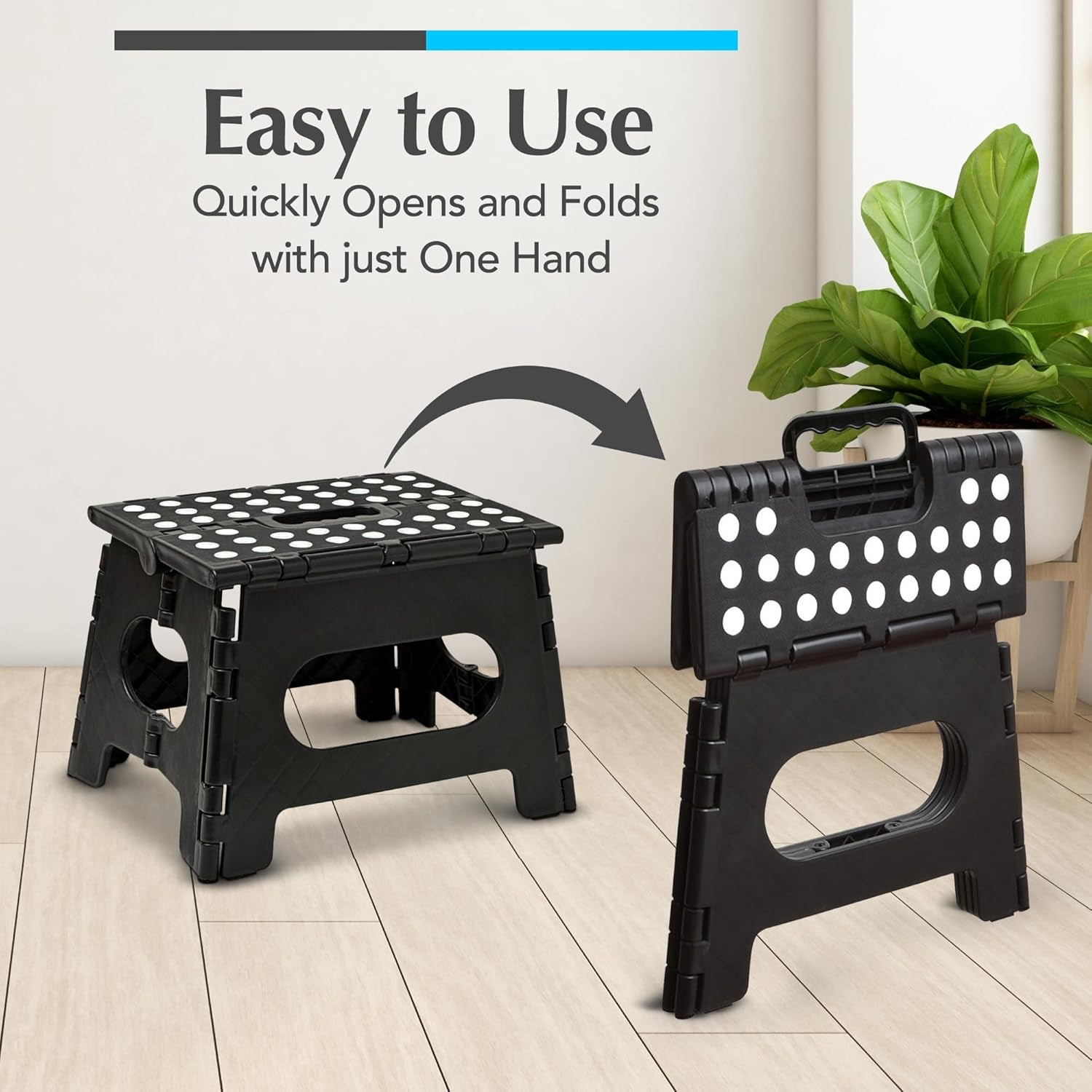 Folding Step Stool - Sturdy Enough Collapsible Stool to Support Adults and Safe Enough for Kids - Opens Easy with One Flip - Great for Kitchen, Bathroom or Bedroom (Black - 9 Inch)