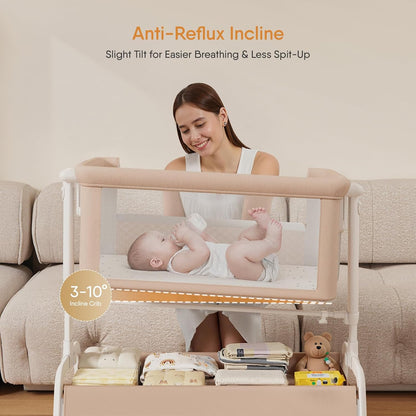 3-In-1 Baby Bassinet, Rocking Bassinet, Bedside Bassinet for Baby, Stable and Secure Bassinet Bedside Sleeper for Newborn & Infant, 6 Height Adjustable with Wheels, Mattress & Breathable Mesh (Khaki)