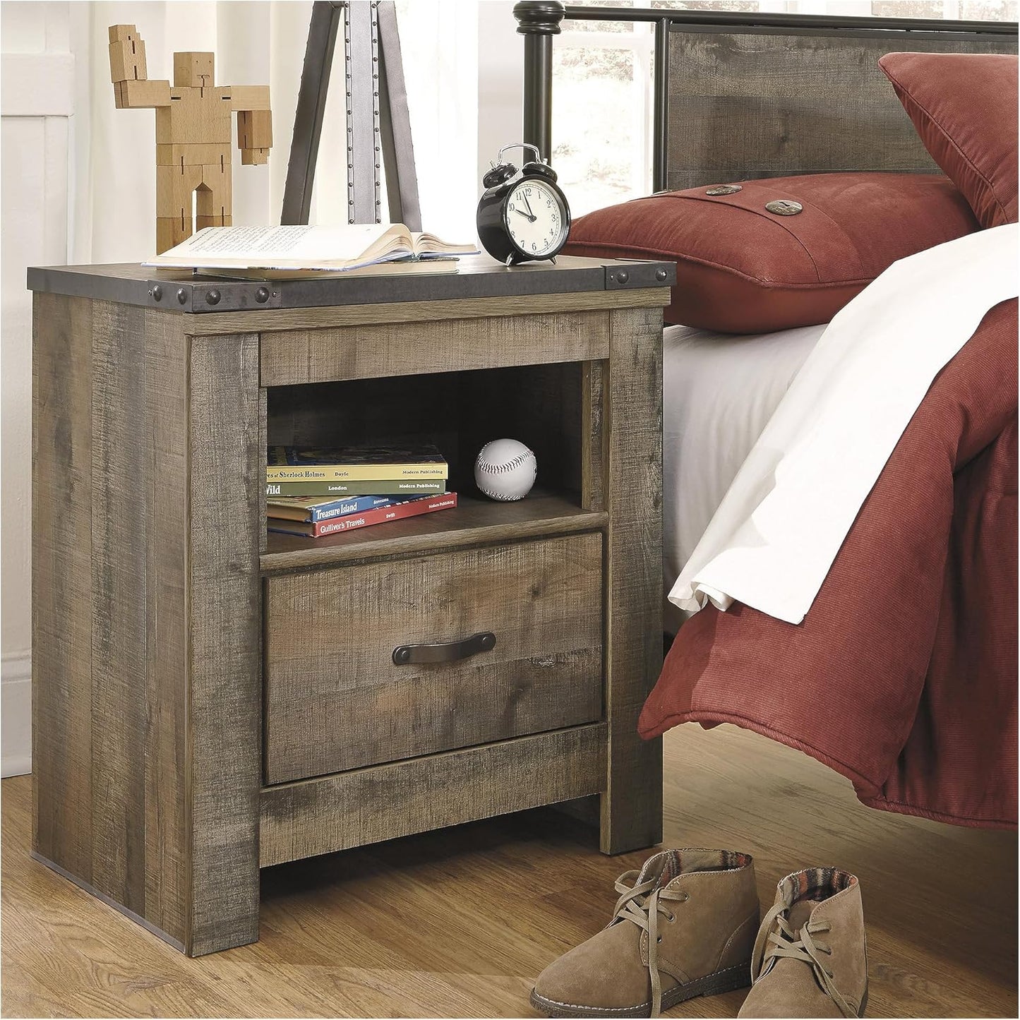 Signature Design by Ashley Trinell Rustic 1 Drawer Nightstand, USB Charing, Storage Cubby, Nailhead Accents, Wood, 24.72" W X 16.18" D X 26.22" H, Warm Brown