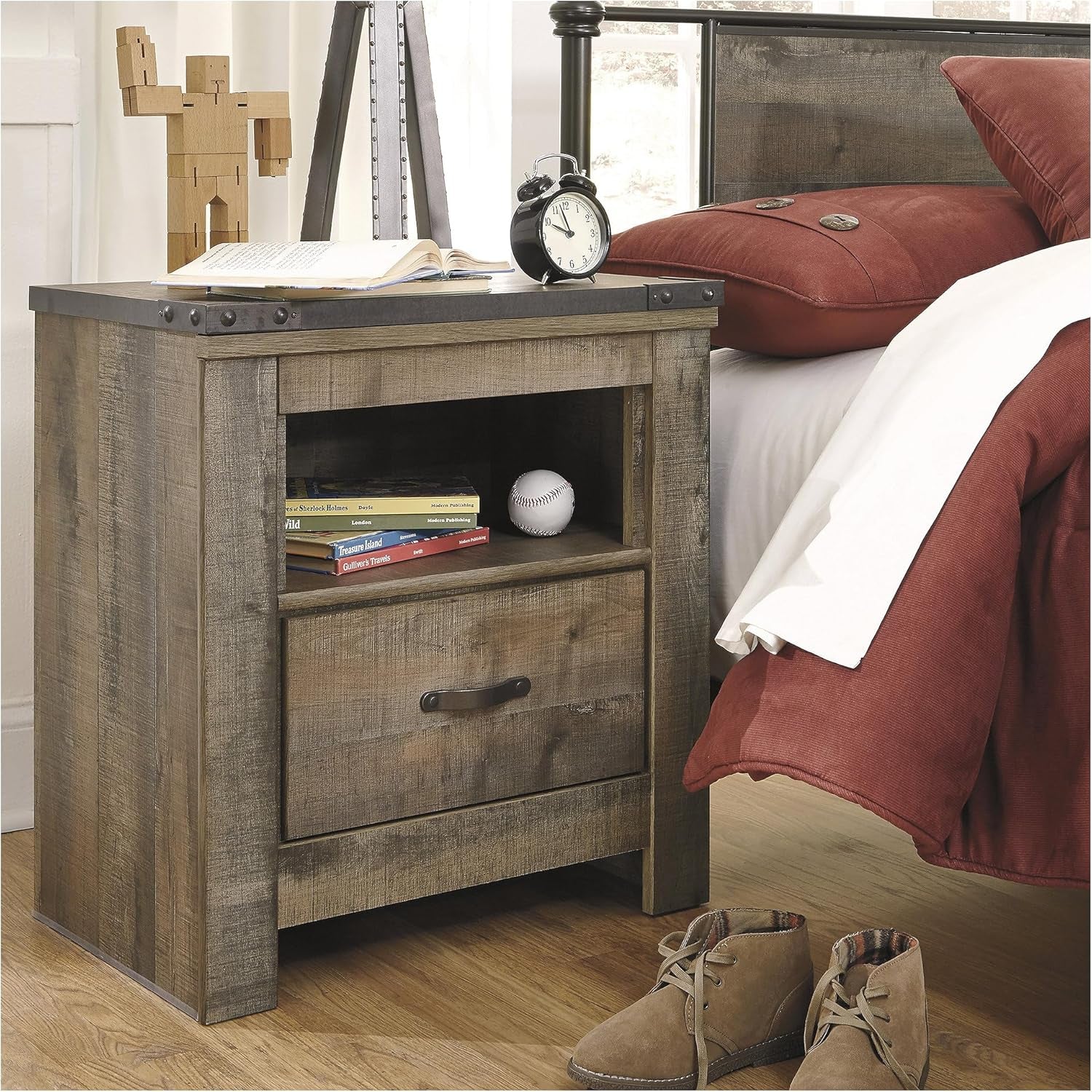 Signature Design by Ashley Trinell Rustic 1 Drawer Nightstand, USB Charing, Storage Cubby, Nailhead Accents, Wood, 24.72" W X 16.18" D X 26.22" H, Warm Brown