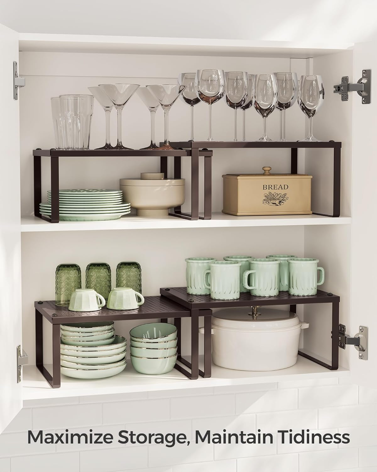 Spice Racks, Set of 4 Metal Cabinet Shelf Organizers, Countertop Organizers, Shelf Risers, Stackable, Expandable, Brown UKCS06BR