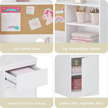 Kids Study Desk with Chair, Kids Desk and Chair Sets with Hutch and Storage Cabinet, Wooden Children Study Table, Student Writing Table Computer Workstation for 5-12 Years Old