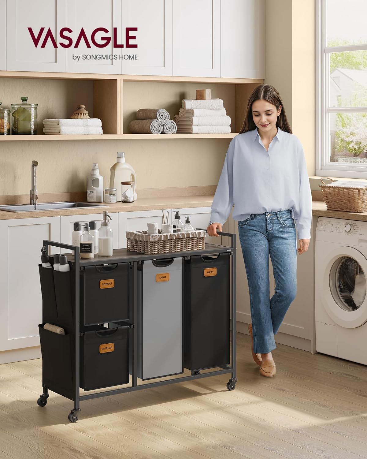 Laundry Hamper with 3 Compartments, 39.6 Gal. (150 L) Laundry Sorter, Rolling Laundry Cart with Shelves, Removable Liners, 6 Labels, Chestnut Brown, Ink Black and Dove Gray UBLH312B01