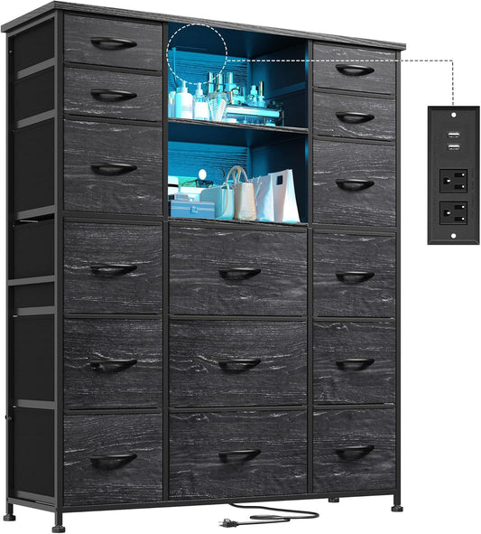 51" H Dresser with 15 Drawers Dresser for Bedroom with Charging Station & LED Lights & Hutch Sturdy Black Bedroom Dressers, Steel Frame, Wood Top, 51.2" H X 39.3" W X 11.8" D